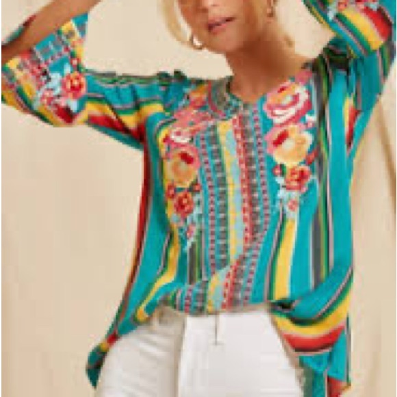 Savanna Jane Embroidered Blouse bell sleeves boho hippie turquoise colorful SZ S - Picture 2 of 11